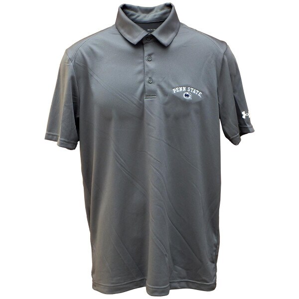 gray Under Armour polo shirt with embroidered Penn State and Athletic Logo on left chest